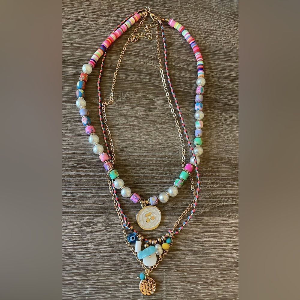 Anthropologie Multicolor Layered Beaded & Gold Charm Necklace - Picture 2 of 5